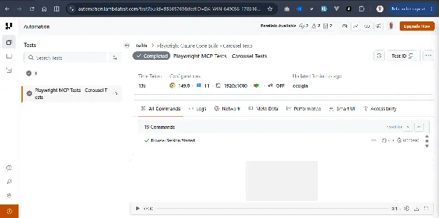 Carousel test session on the TestMu AI cloud grid TestMu AI automation dashboard showing the completed Playwright MCP Tests - Carousel Tests session on Chrome and Windows 11