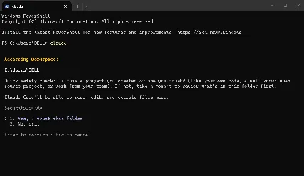 Claude Code trust folder prompt in PowerShell PowerShell running claude and showing the trust this folder prompt