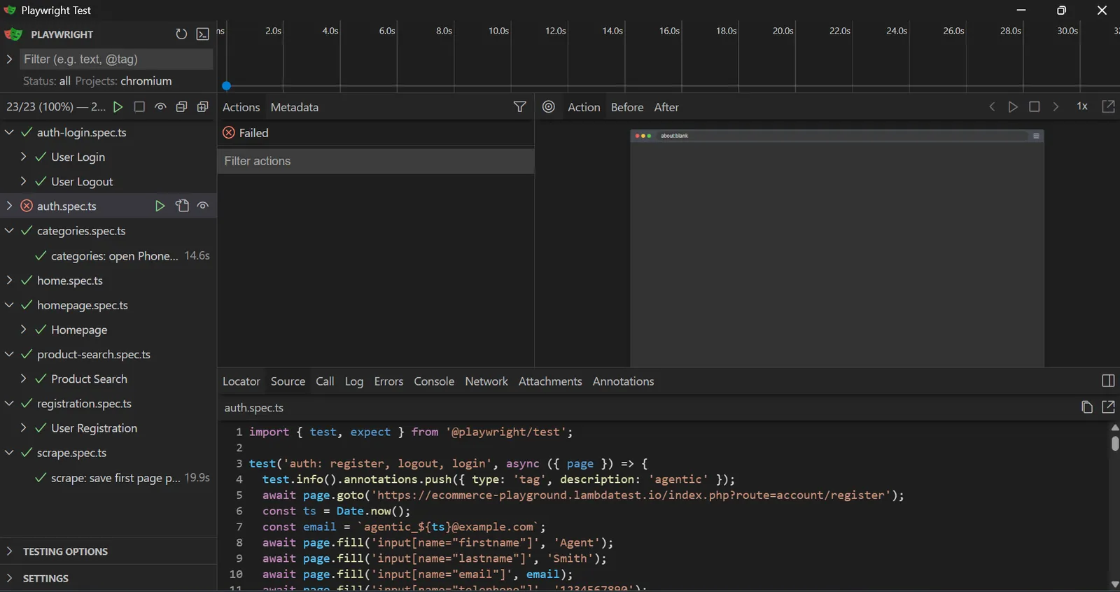Refactored Playwright suite in UI Mode Playwright UI Mode test runner after the locator refactor with the refactored spec files passing
