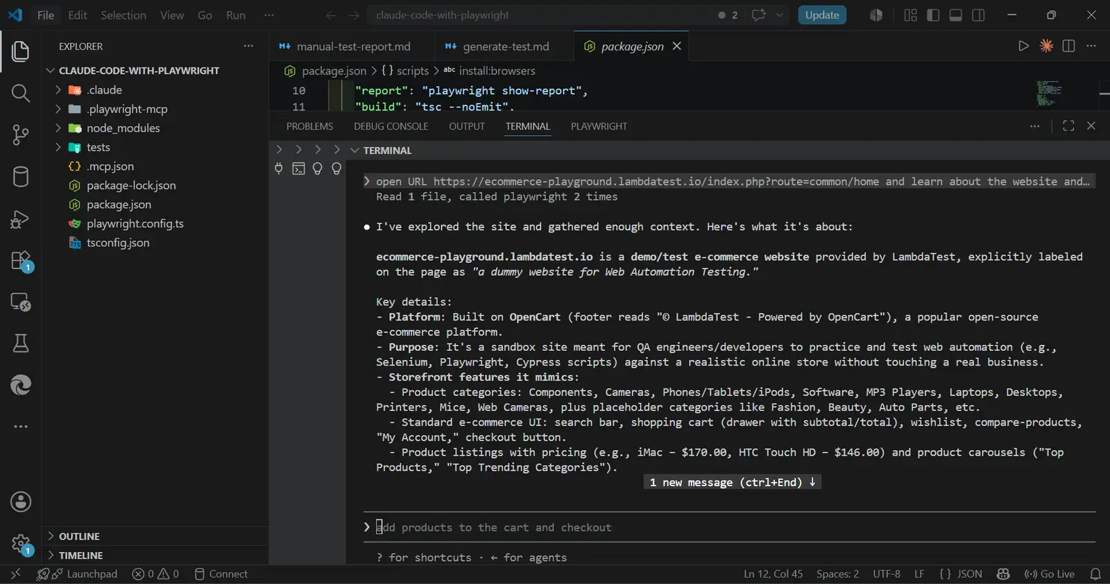 Claude Code analyzing a live website through Playwright MCP Claude Code terminal summarizing the Ecommerce Playground website after opening it through Playwright MCP