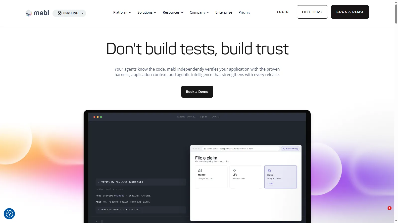 mabl low-code test automation mabl homepage describing independent verification of applications built with AI agents