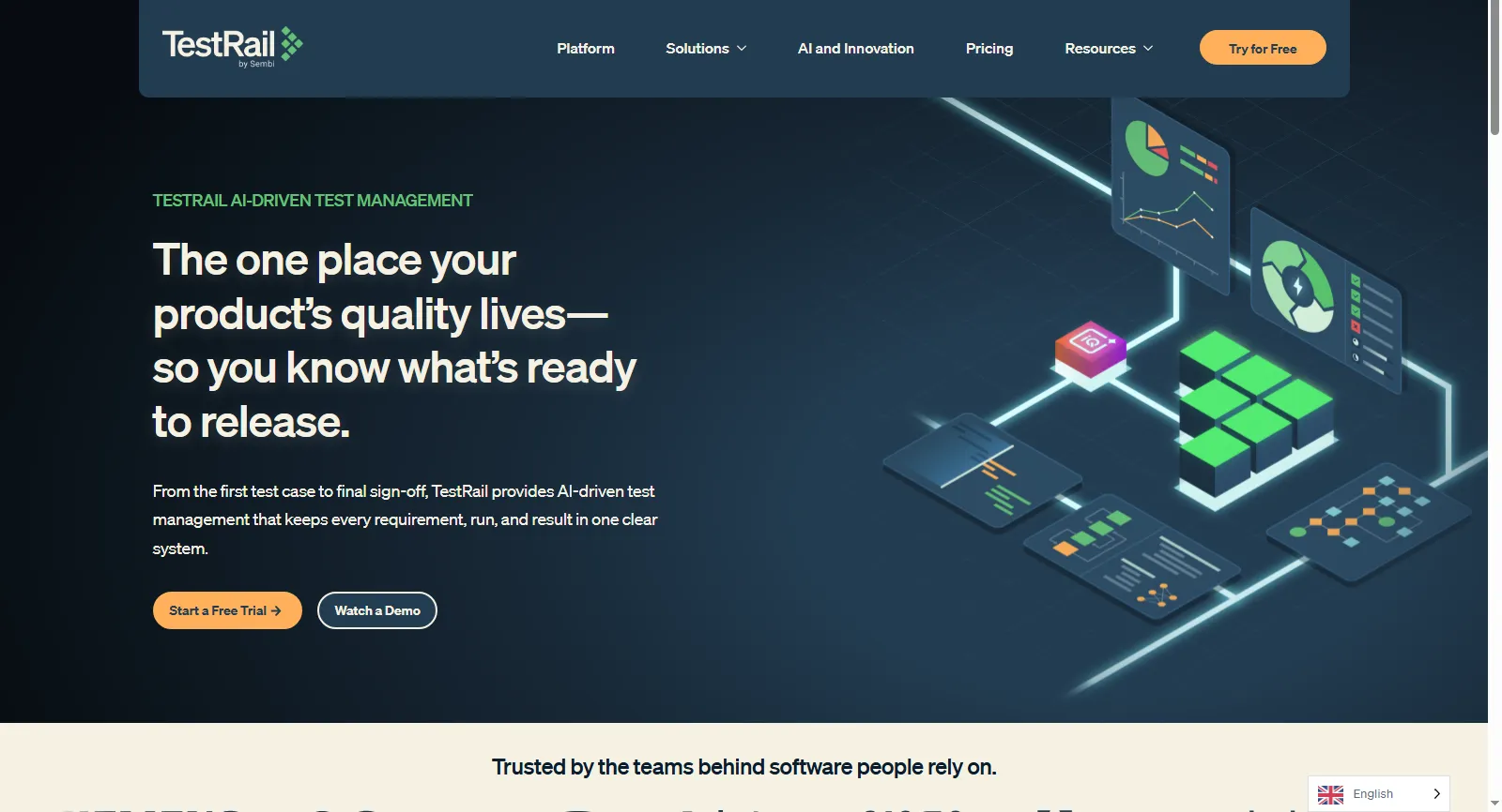 TestRail test management TestRail homepage describing AI-driven test management that keeps requirements, runs, and results in one system