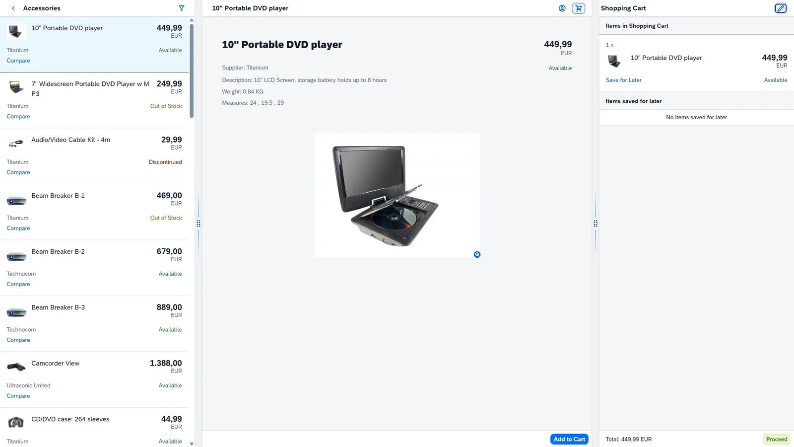 Kane CLI run on the OpenUI5 shopping cart demo showing one 10-inch Portable DVD player in the cart