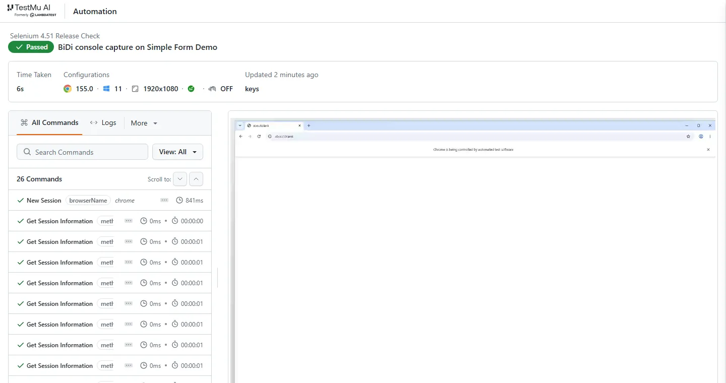 Selenium 4.51 Python BiDi run on the TestMu AI grid TestMu AI automation dashboard showing the passed Selenium 4.51 Release Check build on Chrome 155 and Windows 11 with 26 commands