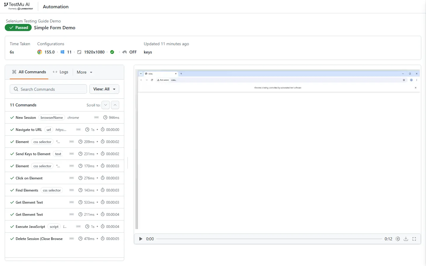 TestMu AI automation dashboard showing the passed Simple Form Demo Selenium test from the Selenium Testing Guide Demo build
