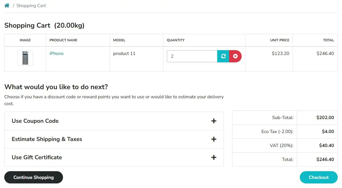 Kane CLI screen-to-API check on the ecommerce playground cart Cart page on the TestMu AI ecommerce playground showing two iPhones and a Total of $246.40, the value Kane CLI compared with the cart API total
