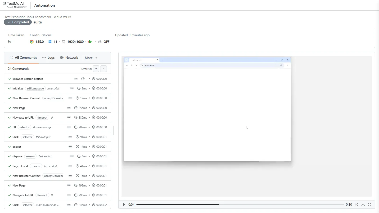 One session from the 4-worker run on the TestMu AI cloud grid TestMu AI automation dashboard share view of one cloud session: Chrome 155 on Windows 11, 24 commands, completed in 9 seconds