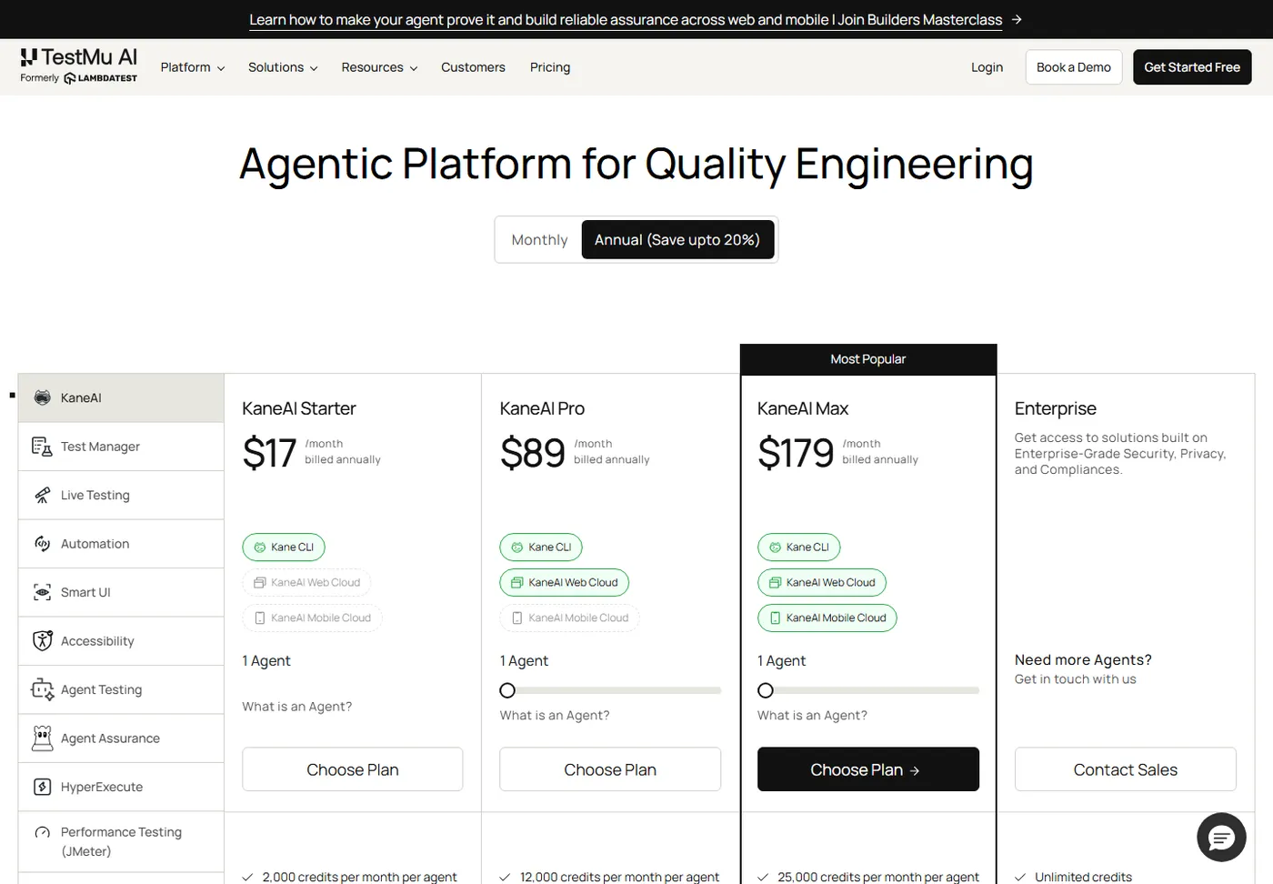 KaneAI plans on the TestMu AI pricing page, captured 22 October 2026 TestMu AI pricing page showing KaneAI Starter, Pro and Max plans on 22 October 2026