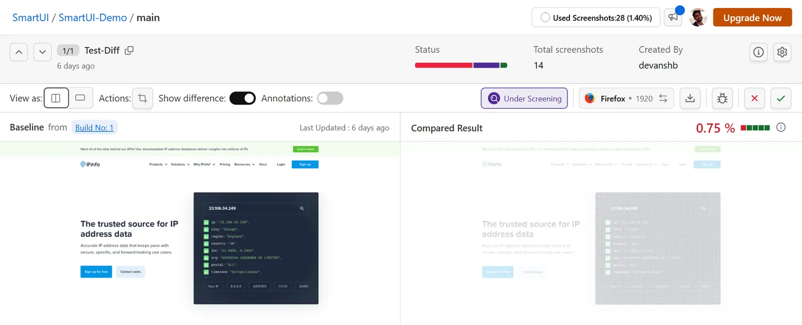 SmartUI comparison view with the baseline screenshot on the left and the compared result on the right, showing a 0.75% mismatch