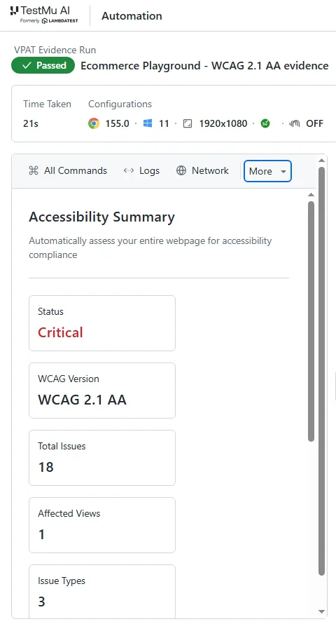 TestMu AI Accessibility Summary for a real WCAG 2.1 AA scan TestMu AI automation dashboard Accessibility Summary for the VPAT Evidence Run build showing status Critical, WCAG 2.1 AA, 18 total issues, 1 affected view, and 3 issue types