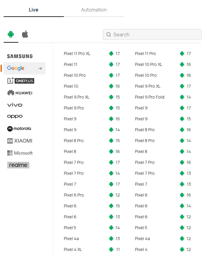 TestMu AI list of real devices filtered to Google, showing Pixel 11 Pro XL, Pixel 11 Pro, Pixel 11, Pixel 10 Pro, Pixel 9 Pro XL, Pixel 9, Pixel 7 Pro and Pixel 7 on Android 17