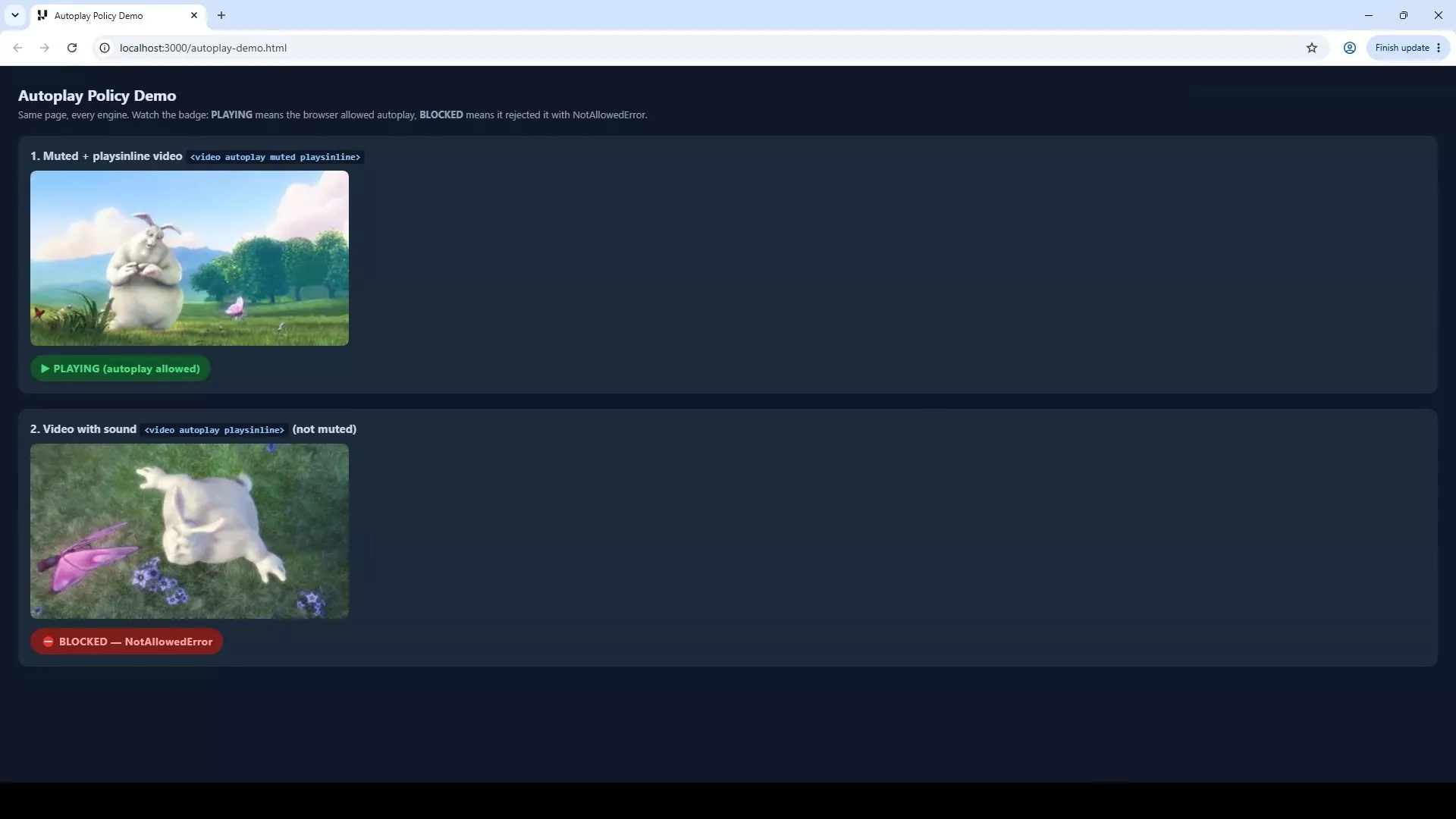 Autoplay policy in a real Chrome session on TestMu AI Real-Time Testing A TestMu AI Real-Time Testing Chrome session running an autoplay test page, with the muted video playing and the video with sound blocked by a NotAllowedError