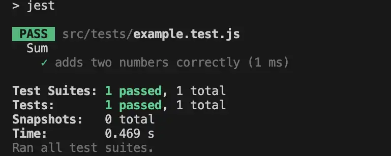 Jest test output in terminal showing passing test results