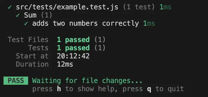 Vitest test output in terminal showing passing test results