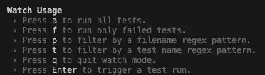 Jest interactive watch mode terminal showing test filtering options
