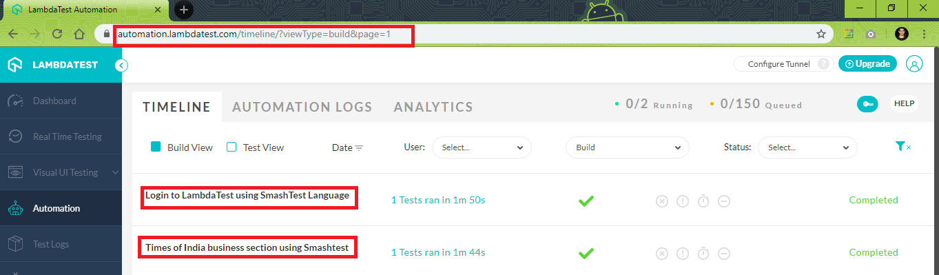 automation tab on LambdaTest.