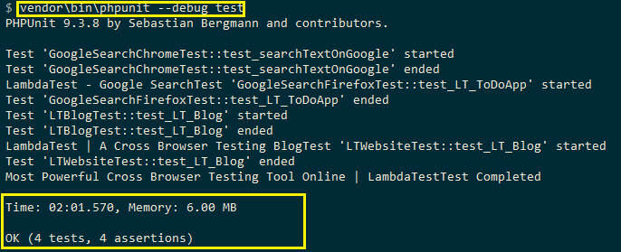 phpunit debug tests
