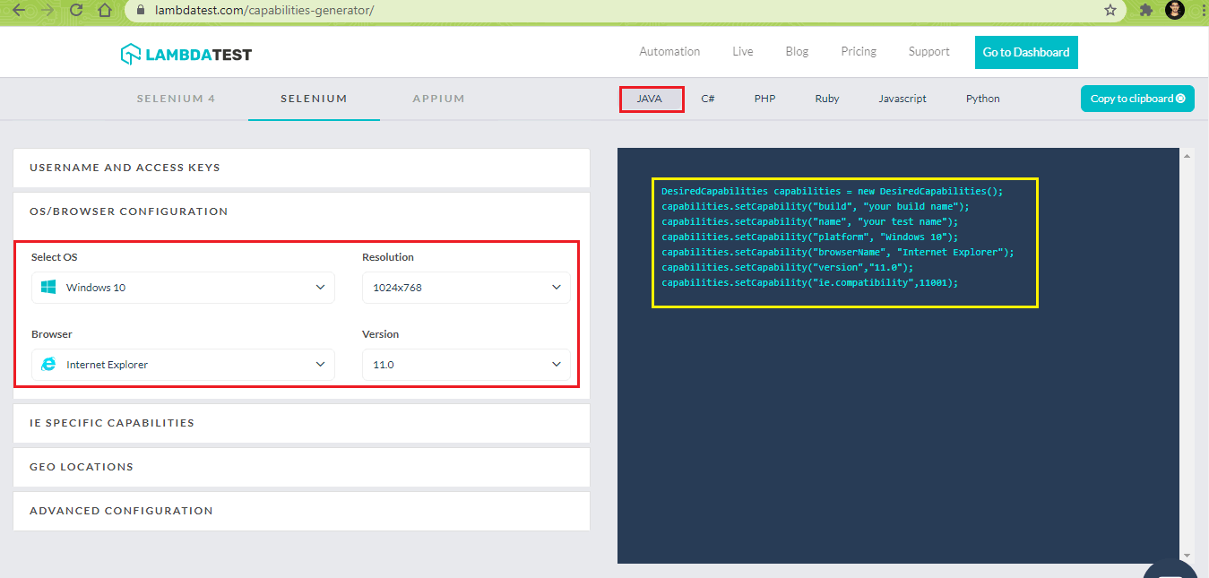 LambdaTest Capabilities Generato LambdaTest Capabilities Generato
