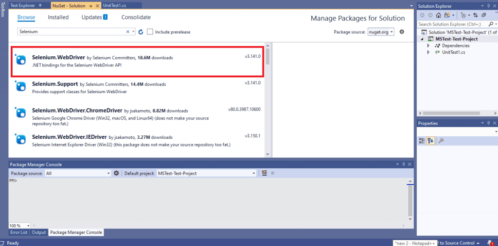 Selenium webdriver visual studio