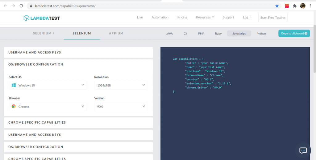 LambdaTest Desired Capabilities LambdaTest Desired Capabilities