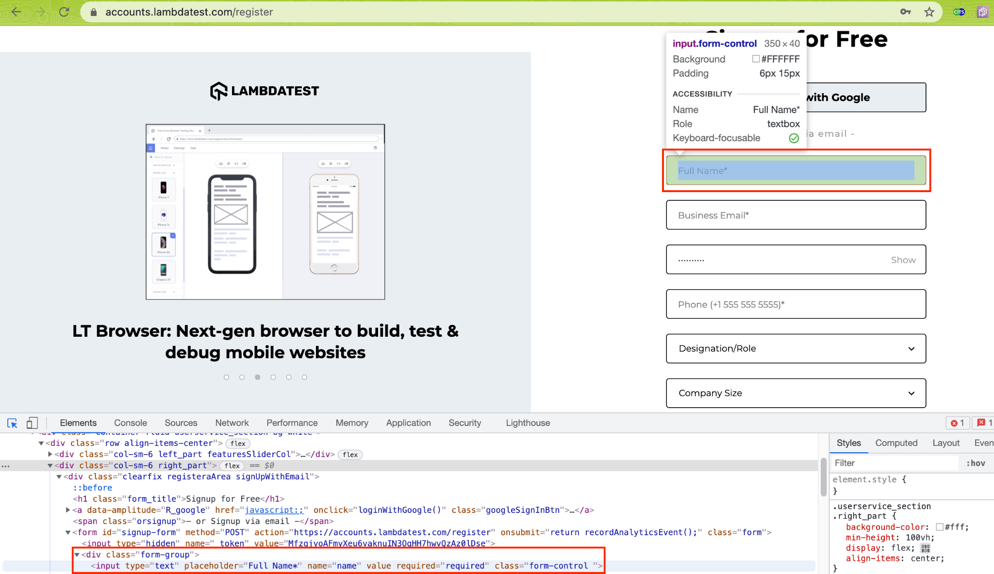 LambdaTest Account Creation