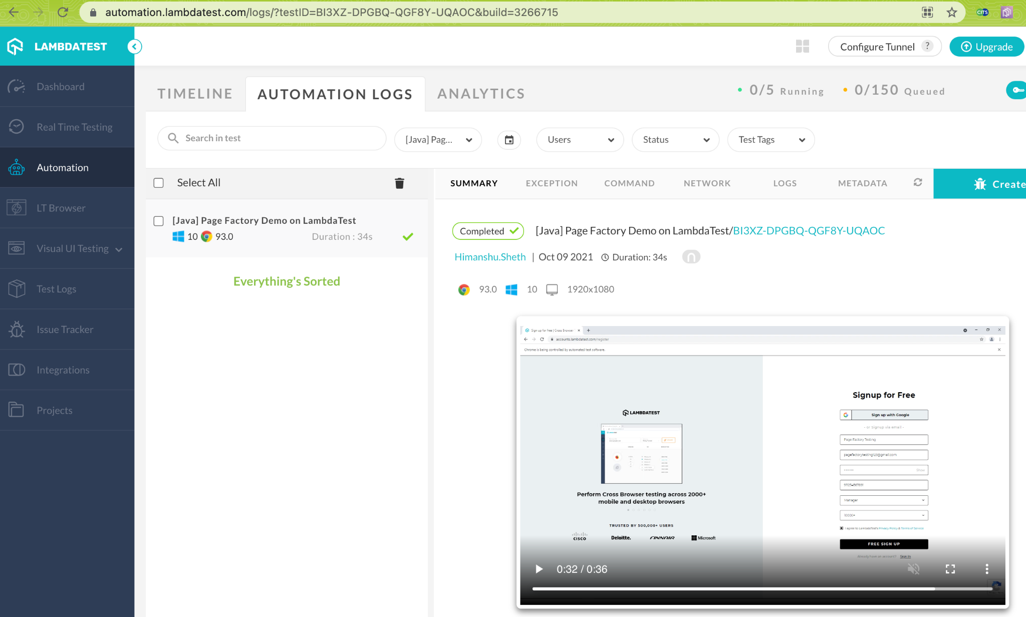 LambdaTest Automation Dashboard