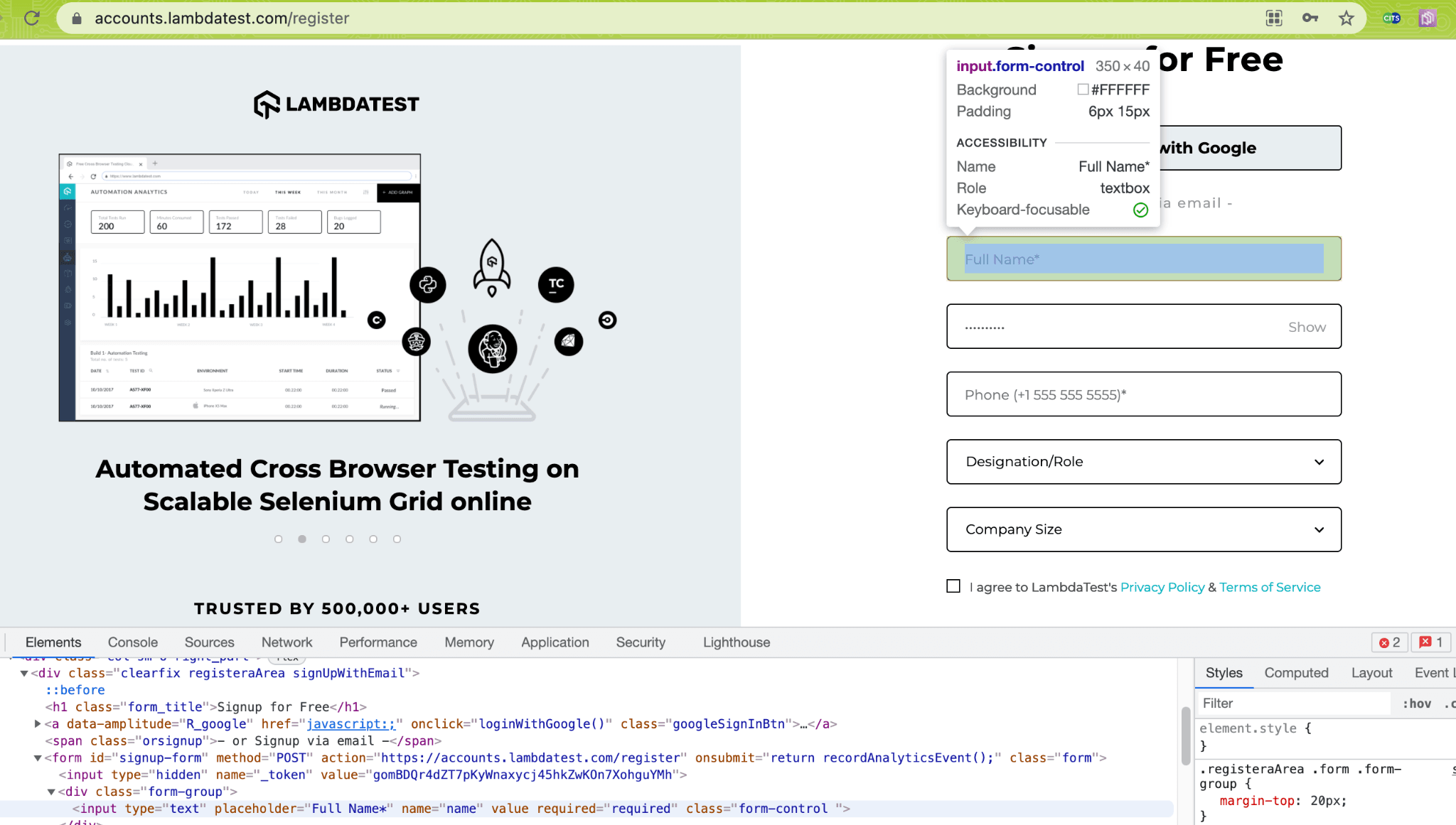 LambdaTest SignUp Page