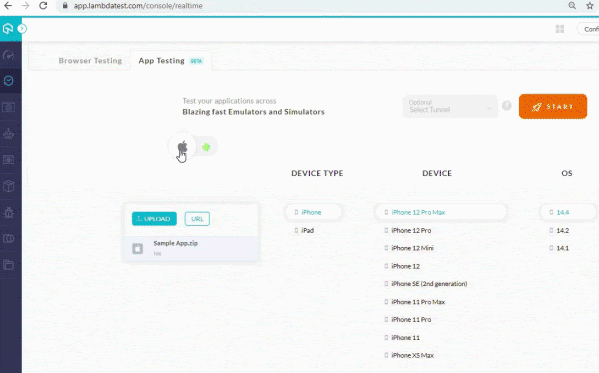 TestMu AI cloud-based mobile app testing showing real device session running in browser without local setup
