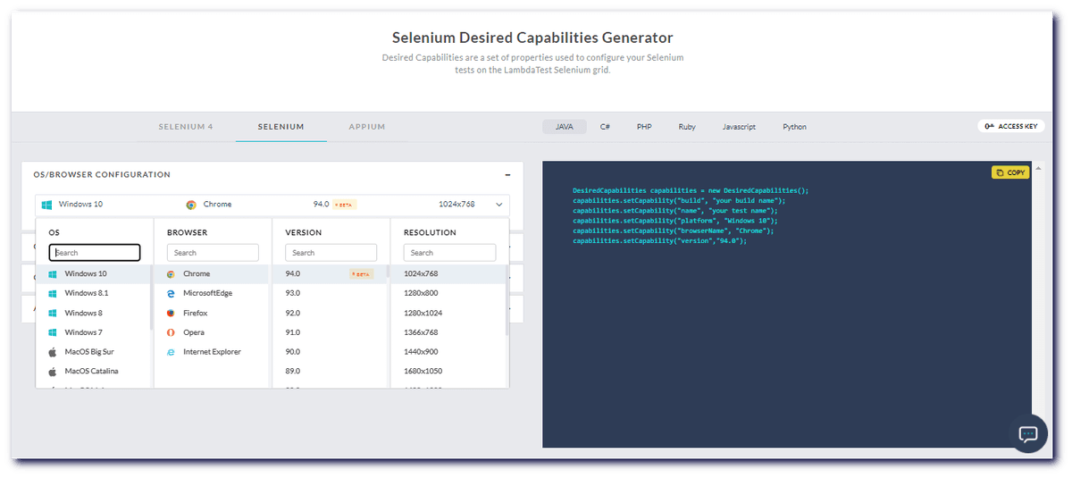  LambdaTest Desired Capability Generator