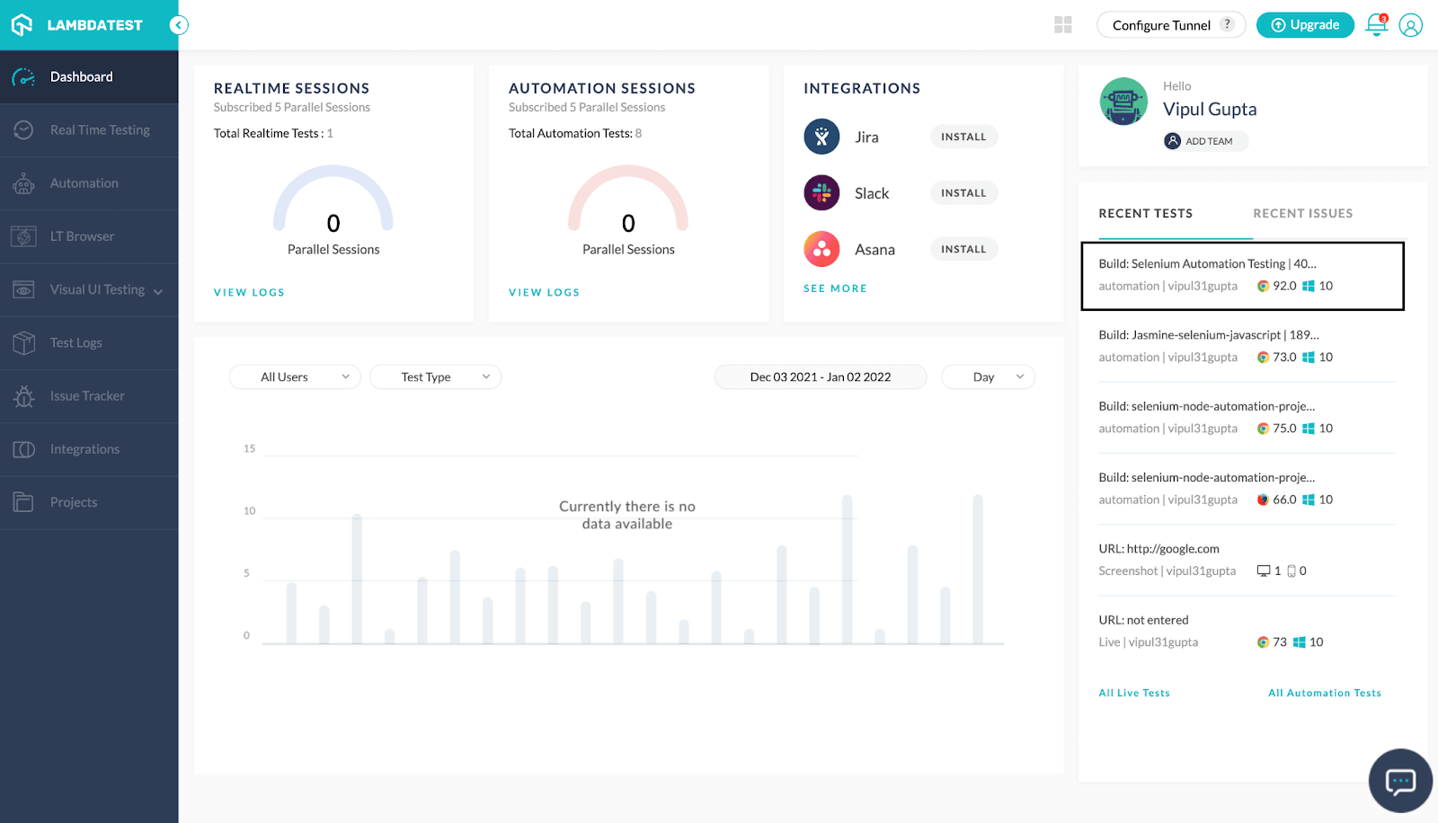 Lambdatest Dashboard,