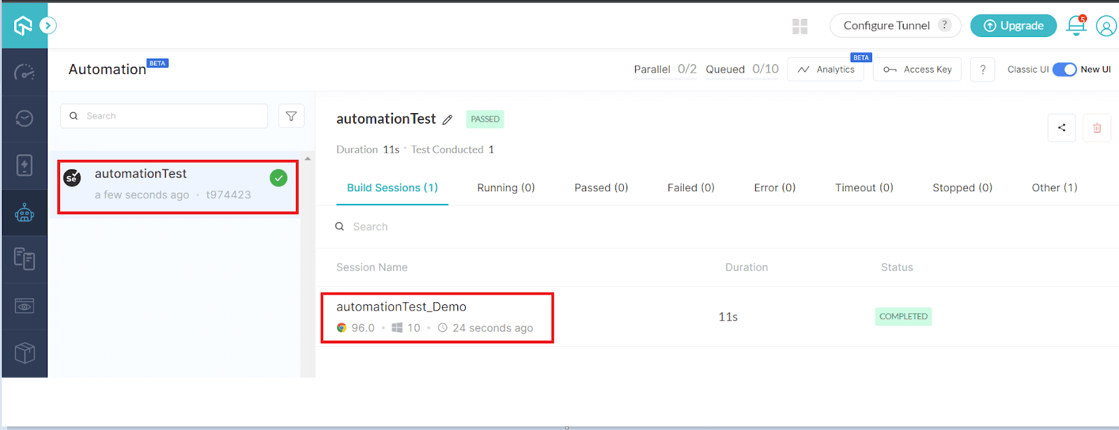 browser and platform in which the tests were run