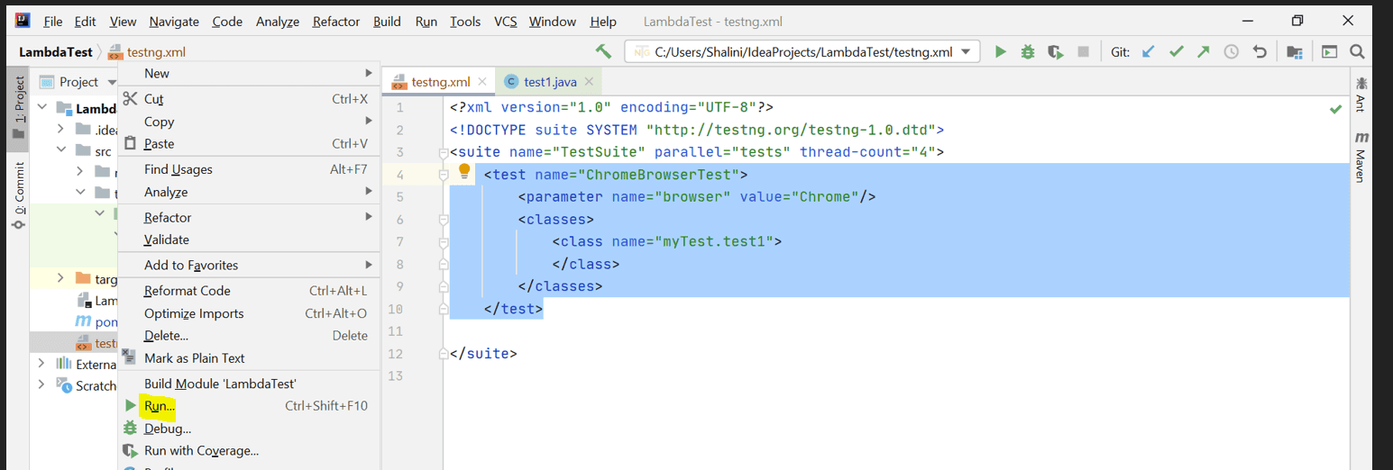 right-click the TestNG.xml file and click run