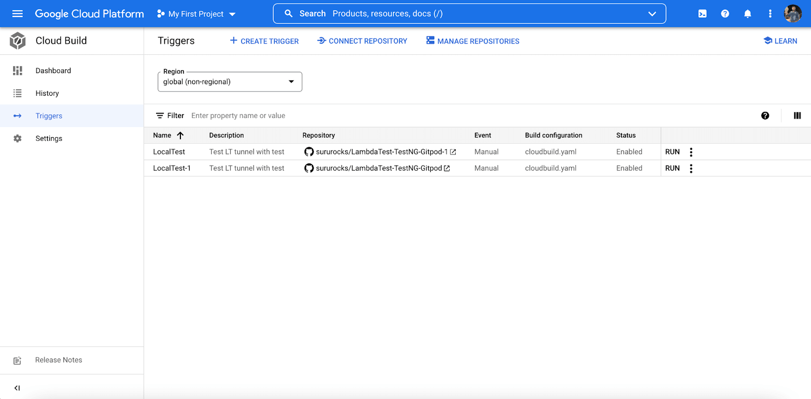 Google Cloud Build dashboard Google Cloud Build dashboard