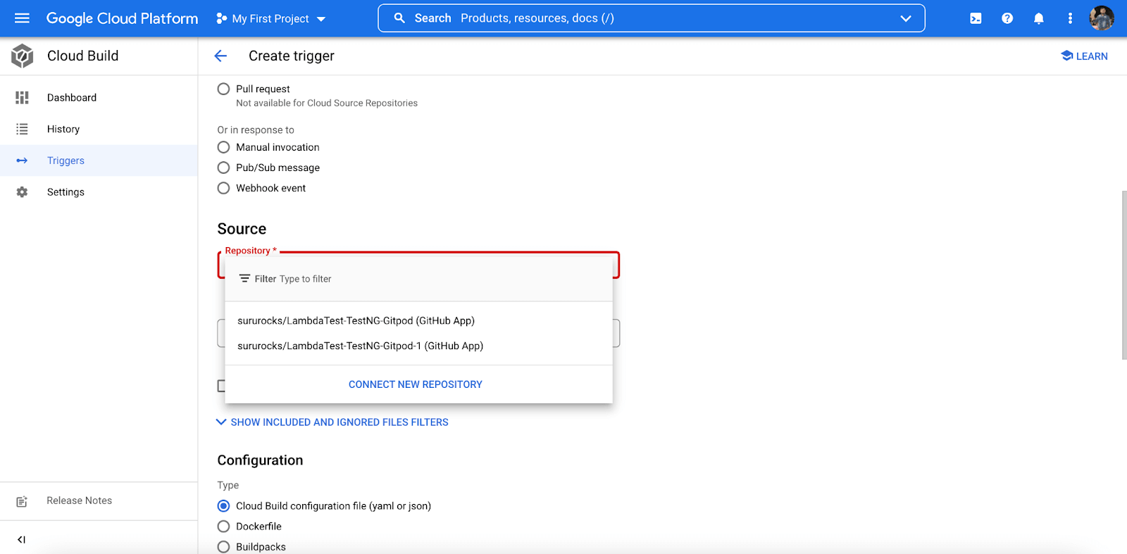 Select the testing code repository and its branch. Select the testing code repository and its branch.