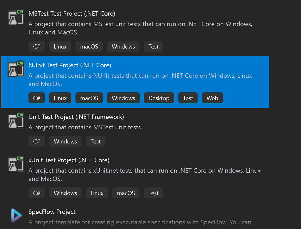 NUnit Test Project” for .NET Core 