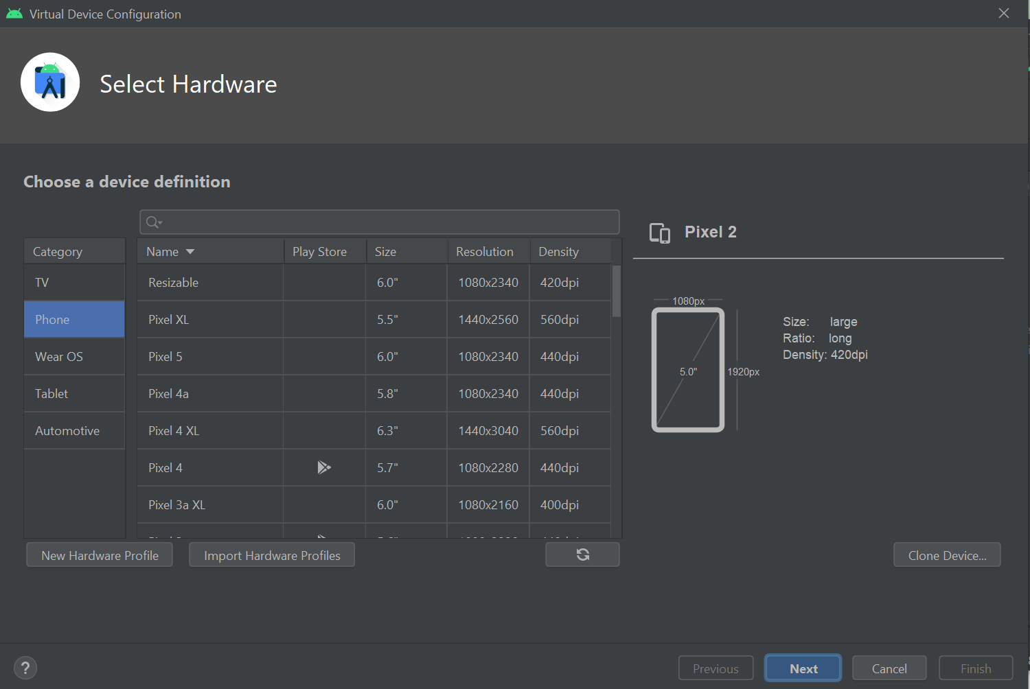 Select the virtual device configuration 