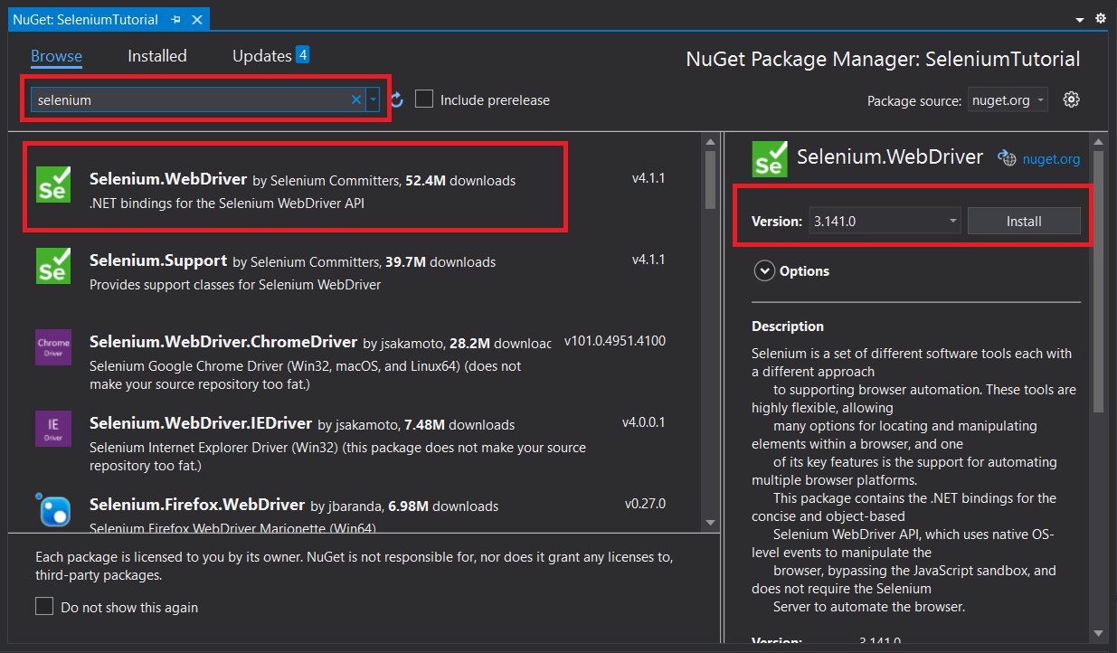 Using Selenium version 3.141.0 