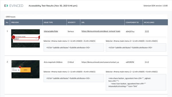 Evinced HTML/JSON accessibility report