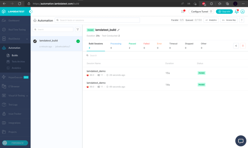 LambdaTest Automation Dashboard