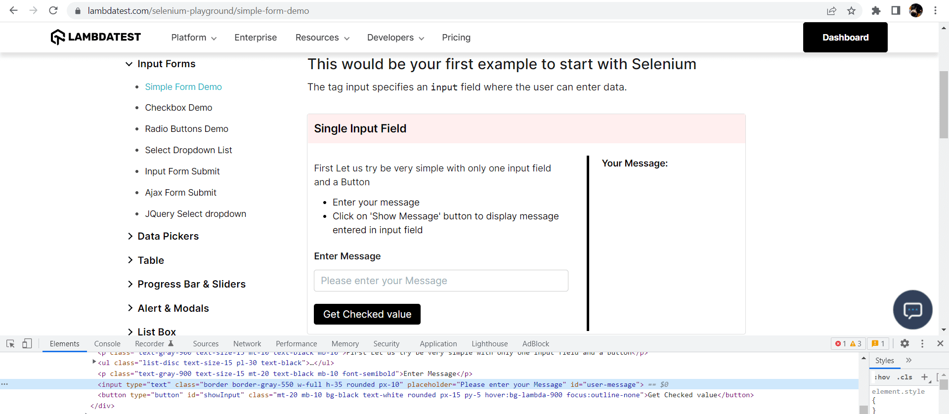 Elements tab of the Developer Tools