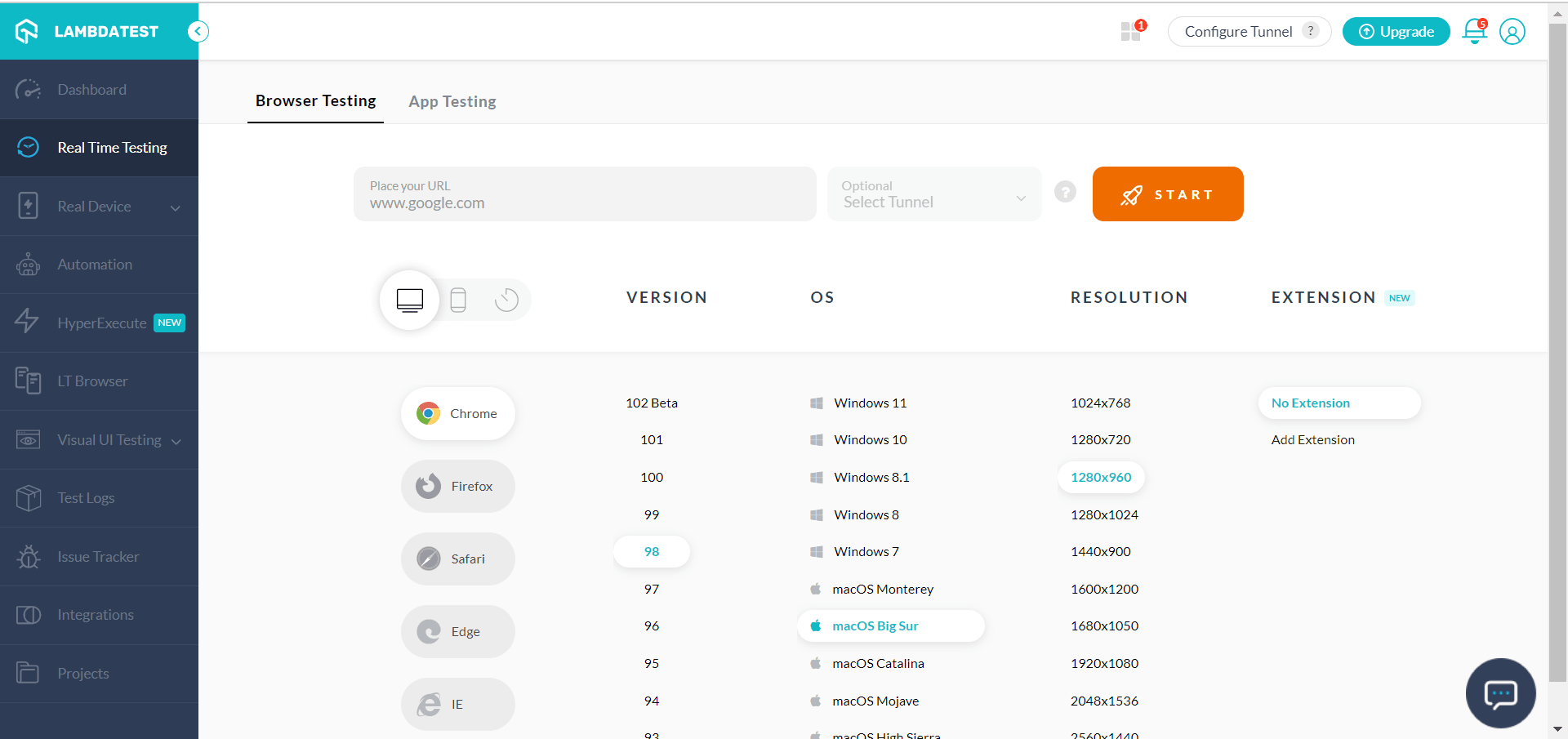 Choose Chrome as the desired browser
