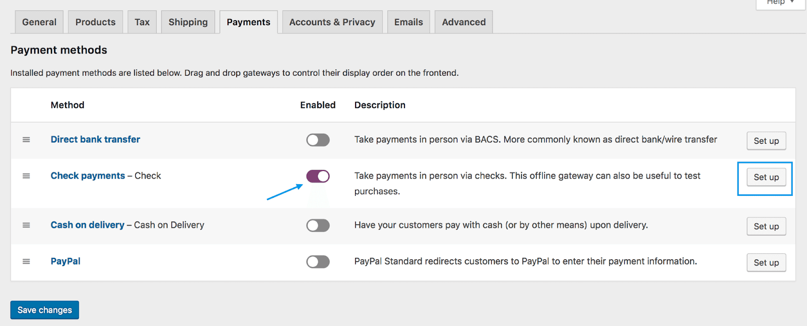 enable the Check payment toggle enable the Check payment toggle