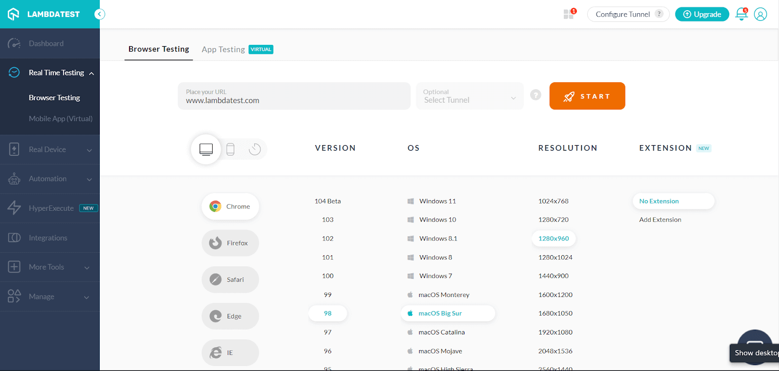 LambdaTest version, OS page LambdaTest version, OS page