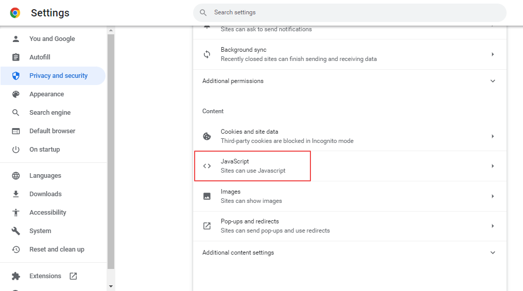 Click on JavaScript. Click on JavaScript.