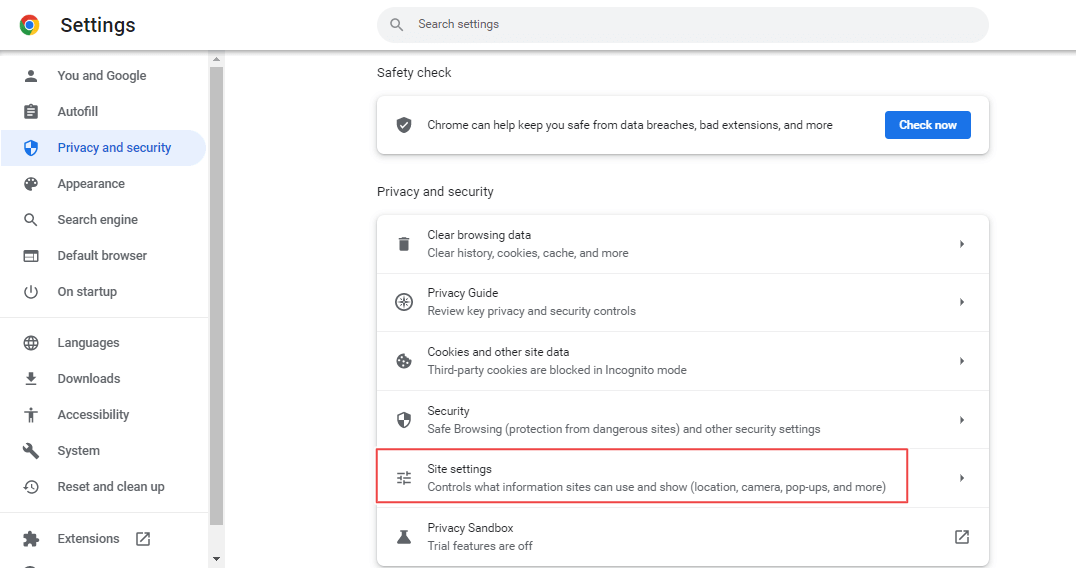Privacy and security, then Site settings Privacy and security, then Site settings