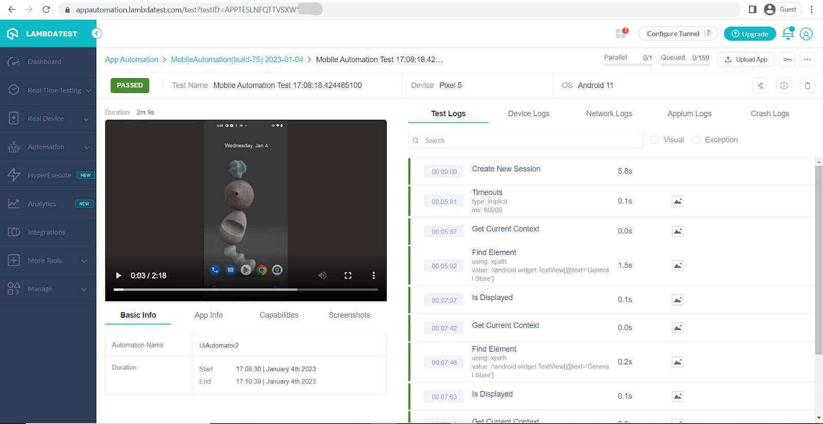 dashboard after the test is passed