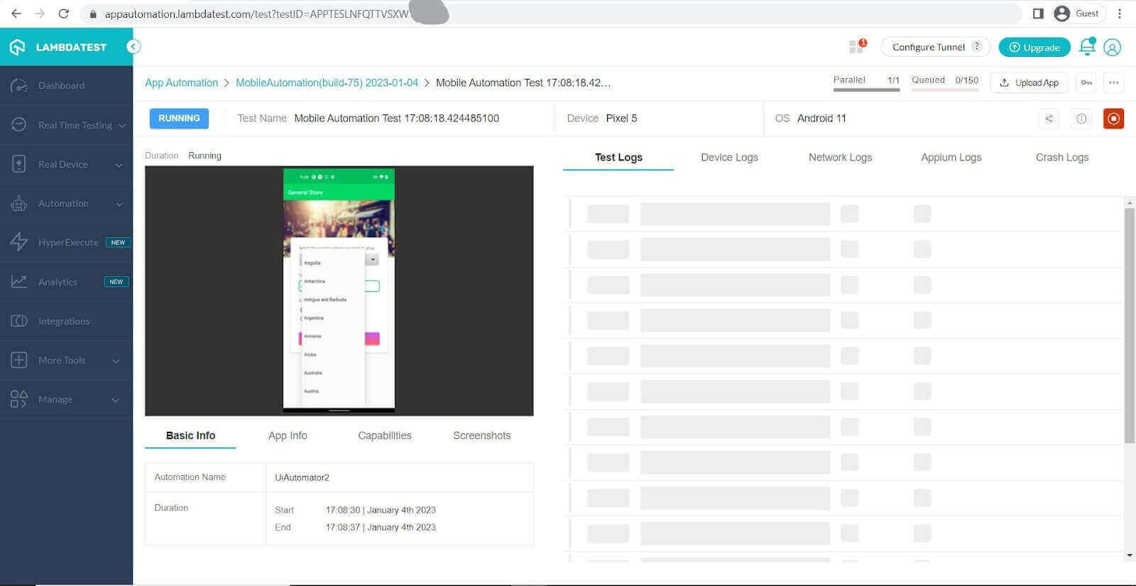 tests on the LambdaTest Dashboard