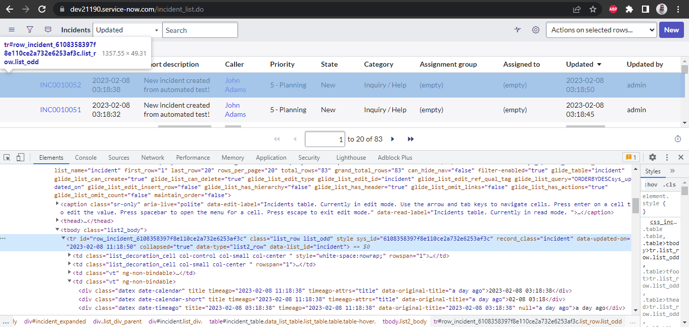 Incident List Page Screen with locators