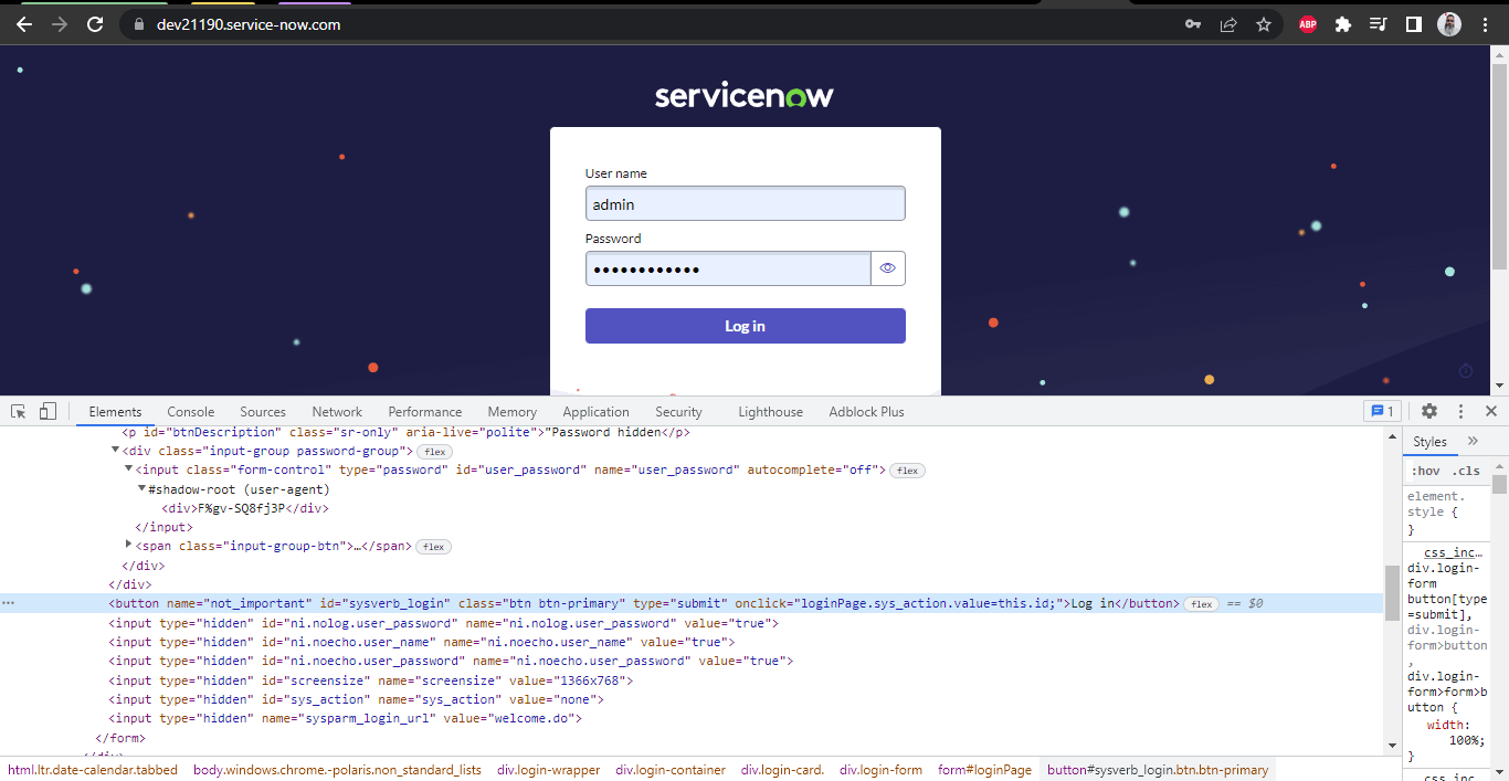 Locating the Log in button