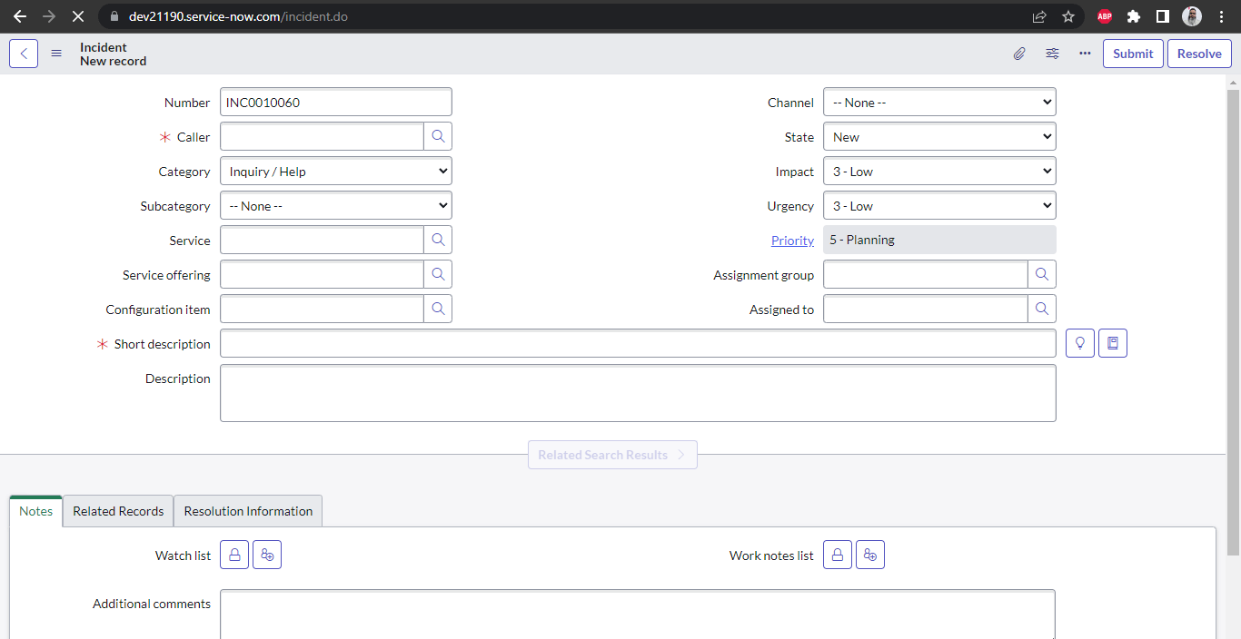 New Incident Creation Page